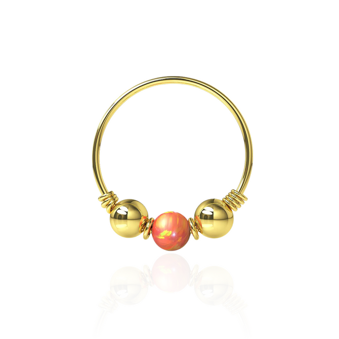 9K Yellow Gold Spring Coil end with Opal center Nose Hoop Ring