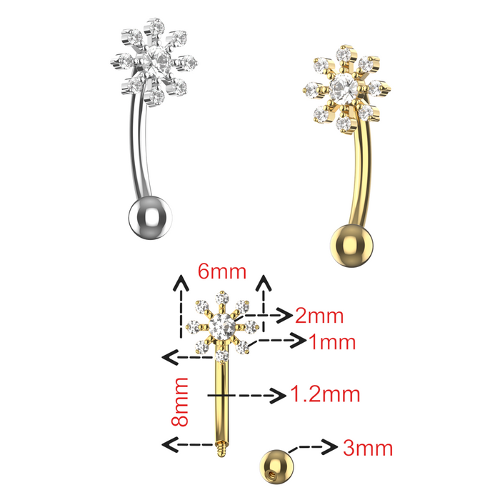 316L Surgical Steel CZ Jewelled Flower Eyebrow Banana Ring