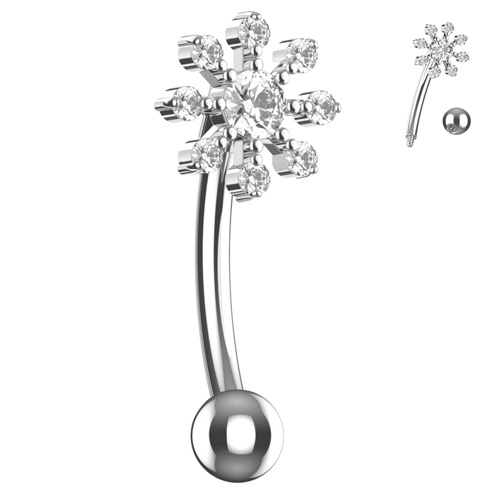 316L Surgical Steel CZ Jewelled Flower Eyebrow Banana Ring