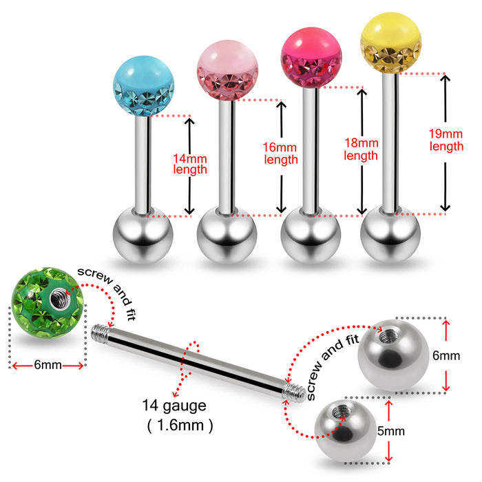 316L Surgical Steel Straight Barbell with Multi Crystal GLOW IN THE DARK Ball