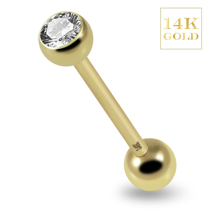 14K Solid Yellow Gold Straight Tongue Barbell with CZ Jewelled Top (Sold as piece)