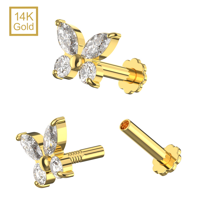 14K Solid Yellow Gold CZ Jewelled Butterfly Design Internal Thread Labret with Flower-Back Stud