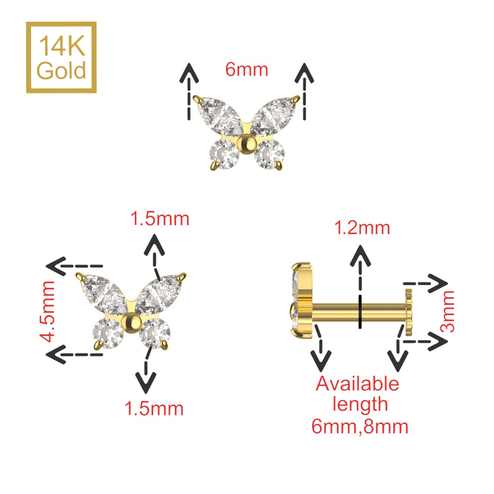 14K Solid Yellow Gold CZ Jewelled Butterfly Design Internal Thread Labret with Flower-Back Stud