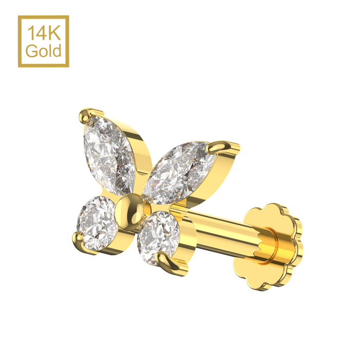 14K Solid Yellow Gold CZ Jewelled Butterfly Design Internal Thread Labret with Flower-Back Stud