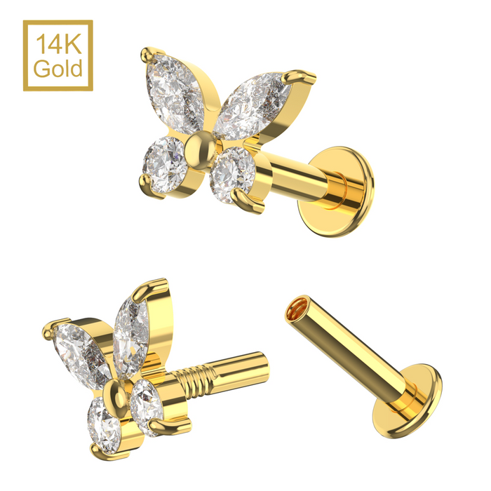 14K Solid Yellow Gold CZ Jewelled Butterfly Internal Thread Labret with Flat-Back Stud