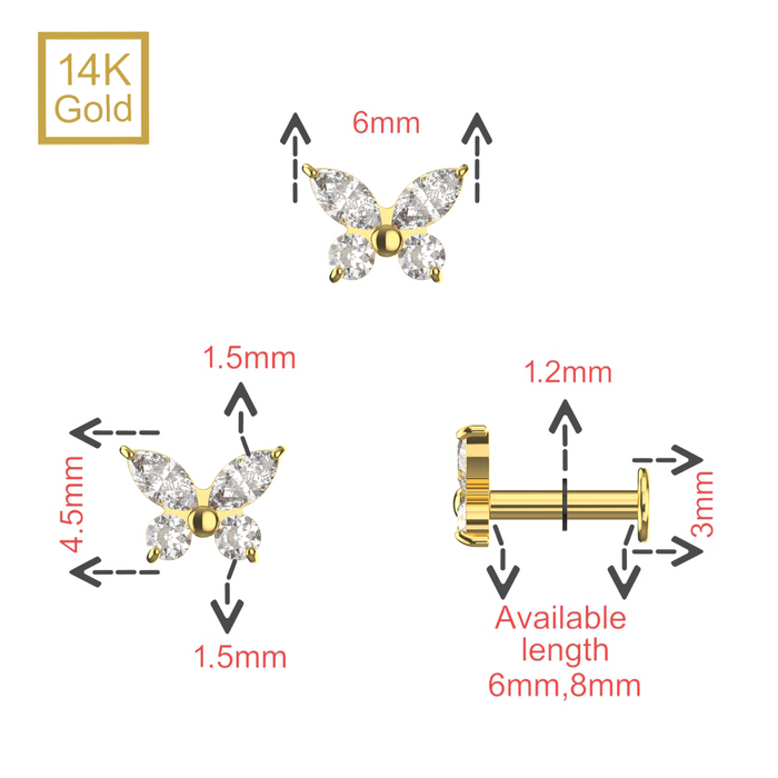 14K Solid Yellow Gold CZ Jewelled Butterfly Internal Thread Labret with Flat-Back Stud