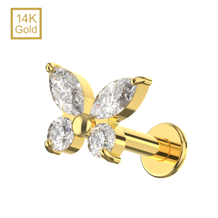 14K Solid Yellow Gold CZ Jewelled Butterfly Internal Thread Labret with Flat-Back Stud