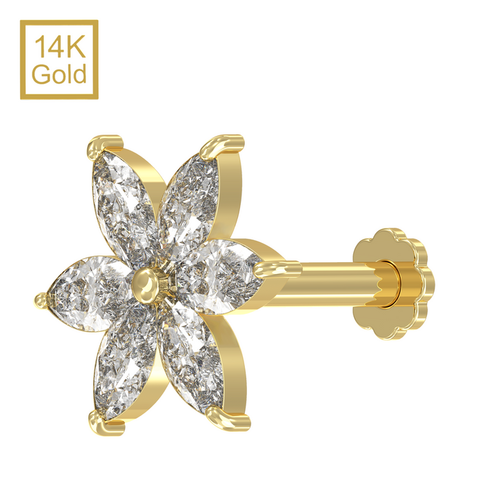 14K Solid Yellow Gold Marquise CZ Jewelled Pentas Flower Internal Thread Labret with Flower-Back Stud