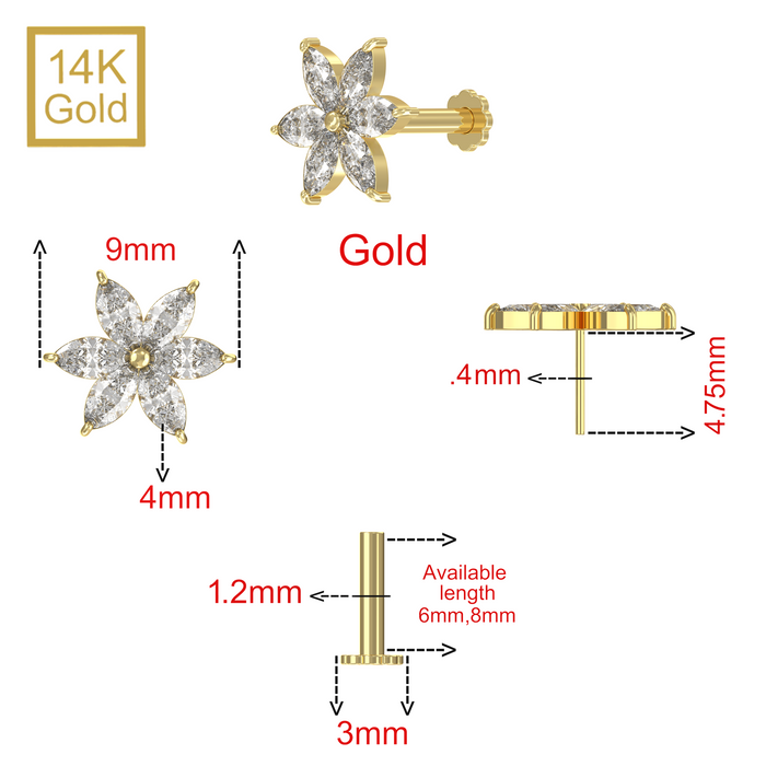 14K Solid Yellow Gold Marquise CZ Jewelled Pentas Flower Internal Thread Labret with Flower-Back Stud