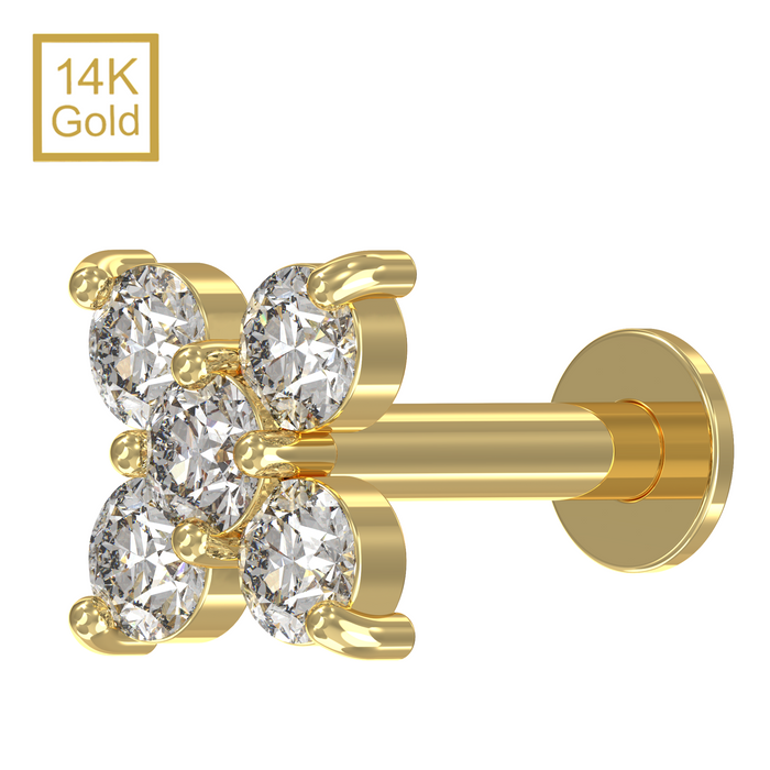 14K Solid Yellow Gold Round CZ Jewelled Cruciform Flower Push-Fit Labret with Flat-Back Stud