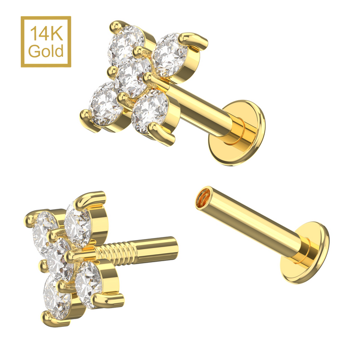 14K Solid Yellow Gold Round CZ Jewelled Cruciform Flower Internal Thread Labret with Flat-Back Stud