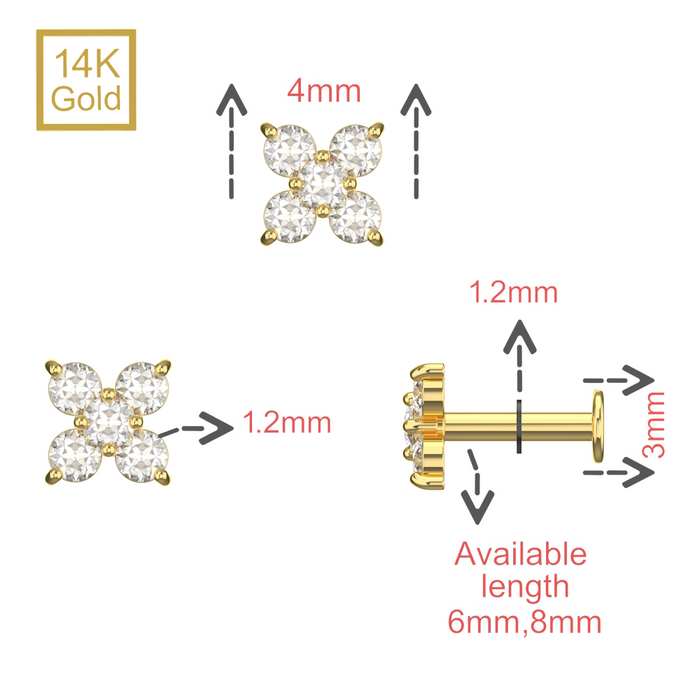 14K Solid Yellow Gold Round CZ Jewelled Cruciform Flower Internal Thread Labret with Flat-Back Stud