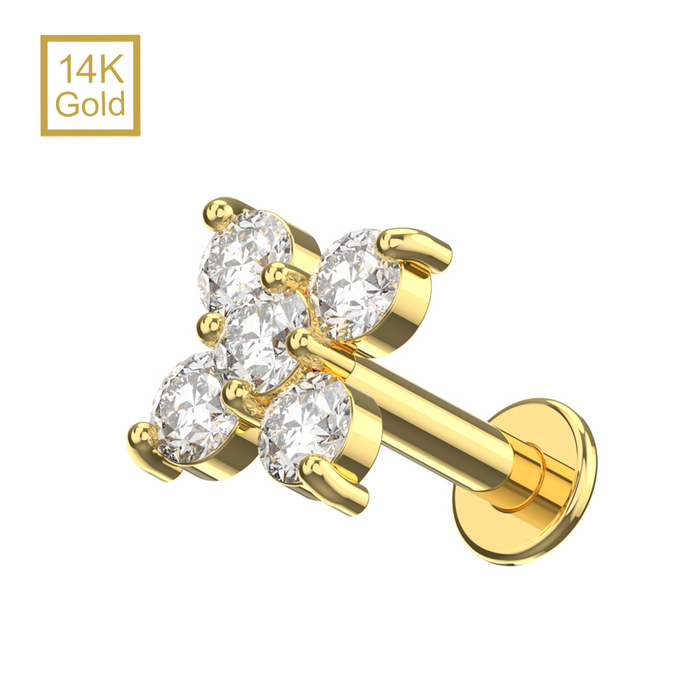 14K Solid Yellow Gold Round CZ Jewelled Cruciform Flower Internal Thread Labret with Flat-Back Stud