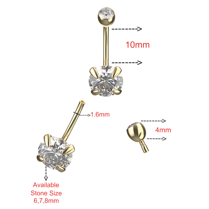 14K Solid Yellow Gold Double CZ Jewelled Internally Threaded Belly Ring - Monster Piercing