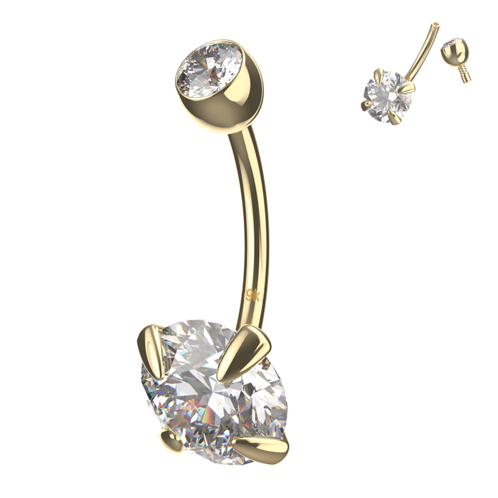 9K Solid Yellow Gold Double CZ Jewelled Internally Threaded Belly Ring - Monster Piercing