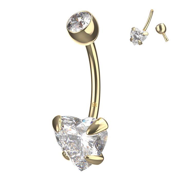 9K Solid Gold Heart Shaped CZ Jewelled Internally Threaded Top Ball With CZ Belly Ring