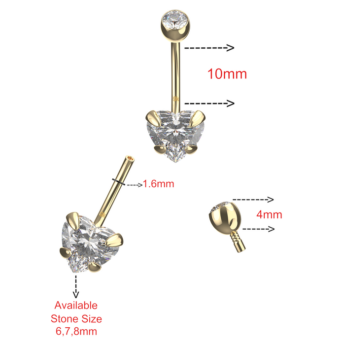 9K Solid Gold Heart Shaped CZ Jewelled Internally Threaded Top Ball With CZ Belly Ring