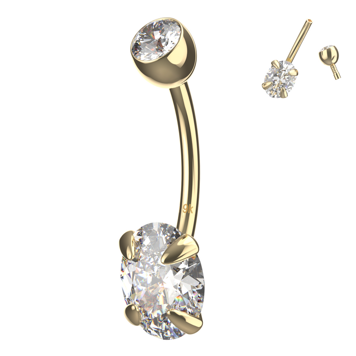 9K Solid Yellow Gold Oval Cut CZ Jewelled Internally Threaded Top ball With CZ stone Belly Ring