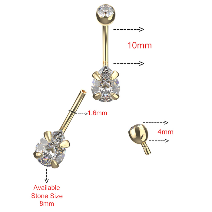 9K Solid Yellow Gold Pear Cut CZ Jewelled Internally Threaded Top Ball With CZ Belly Ring (Copy) - Monster Piercing