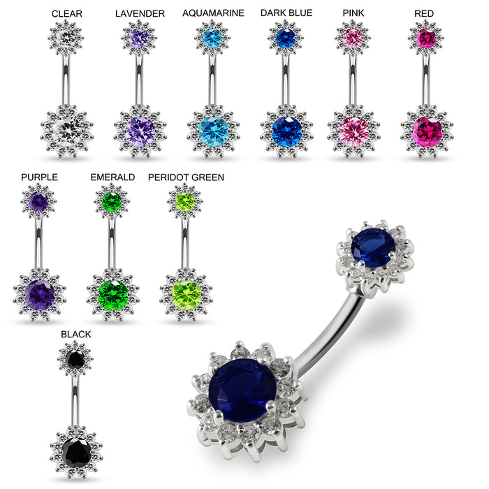 Round CZ Jewelled Double Crystal Flower Non Dangle Belly Button Ring