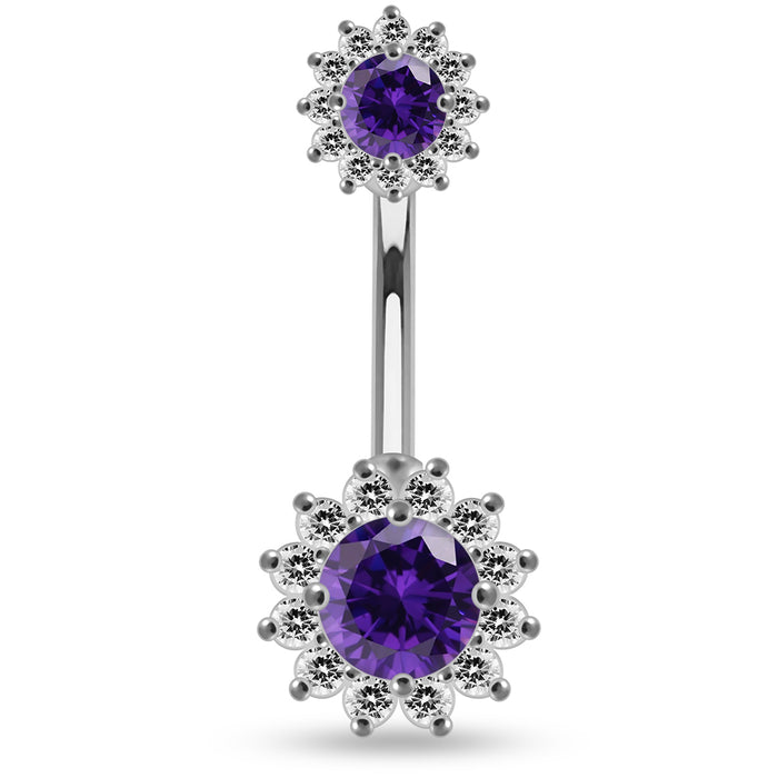 Round CZ Jewelled Double Crystal Flower Non Dangle Belly Button Ring