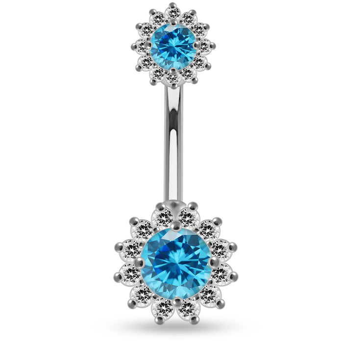 Round CZ Jewelled Double Crystal Flower Non Dangle Belly Button Ring