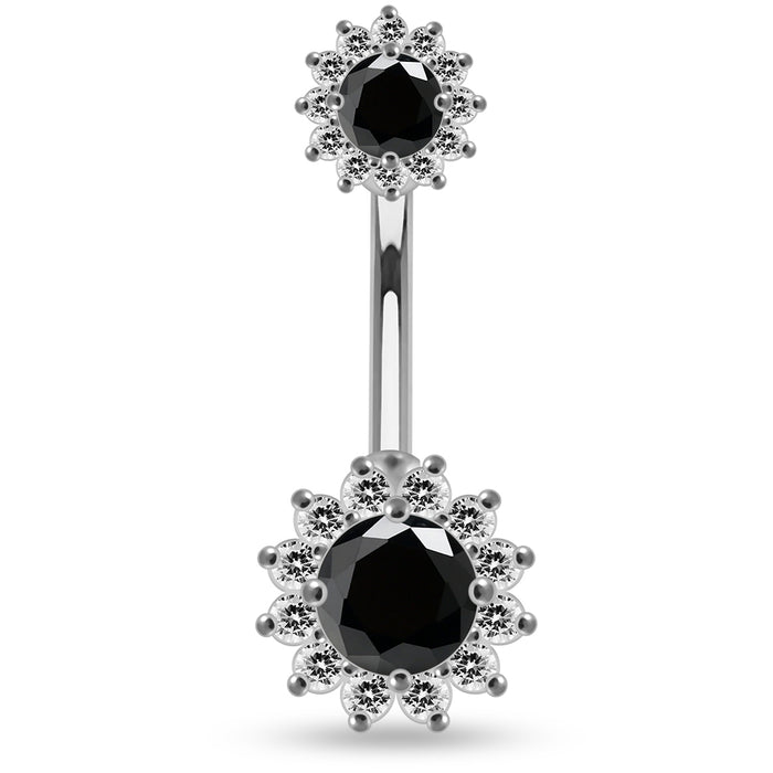 Round CZ Jewelled Double Crystal Flower Non Dangle Belly Button Ring