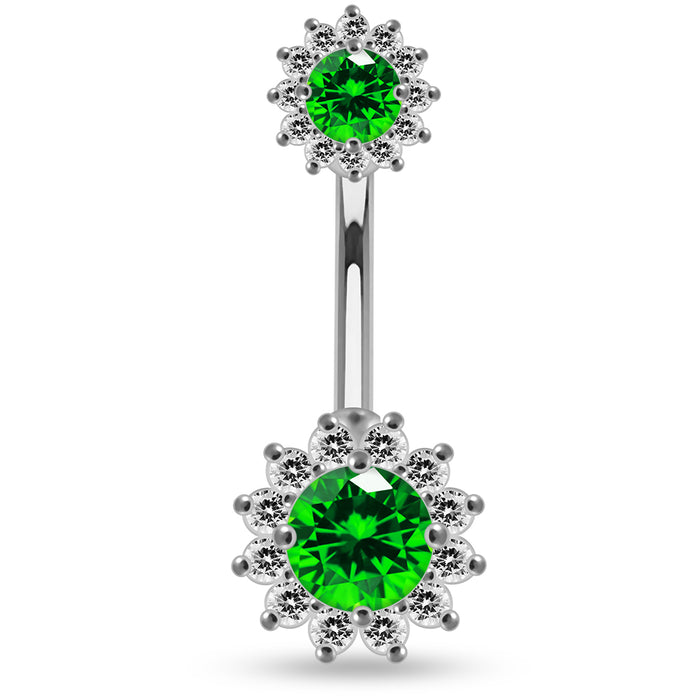 Round CZ Jewelled Double Crystal Flower Non Dangle Belly Button Ring