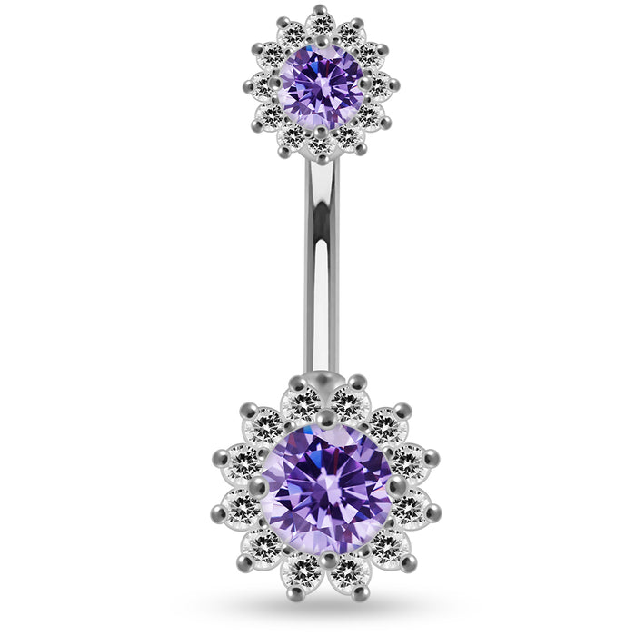 Round CZ Jewelled Double Crystal Flower Non Dangle Belly Button Ring