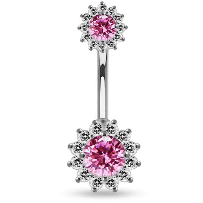 Round CZ Jewelled Double Crystal Flower Non Dangle Belly Button Ring