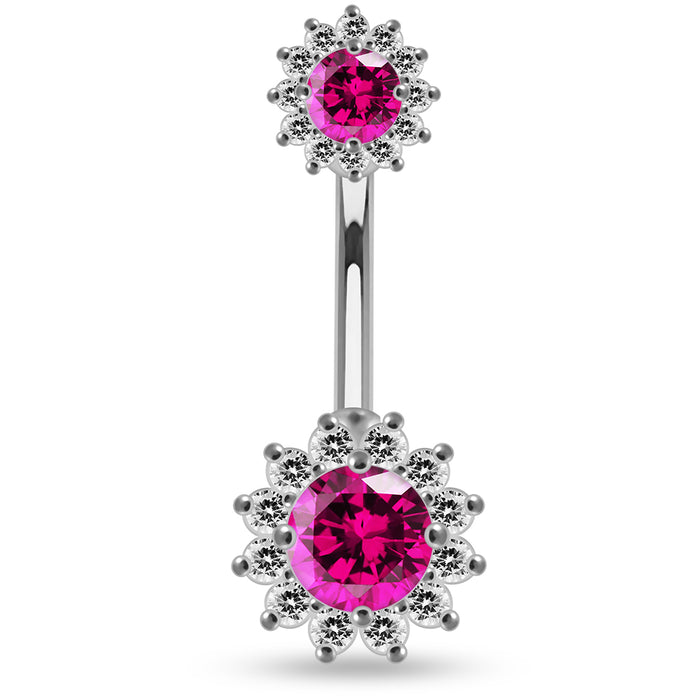 Round CZ Jewelled Double Crystal Flower Non Dangle Belly Button Ring