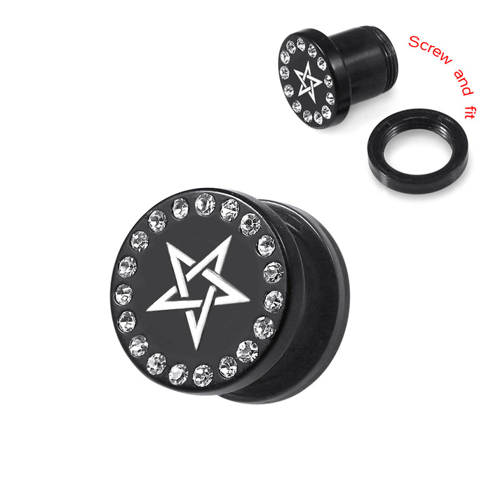 Blackline UV & CZ Jewelled  Ear Flesh Tunnel With Pentacle Sign Logo