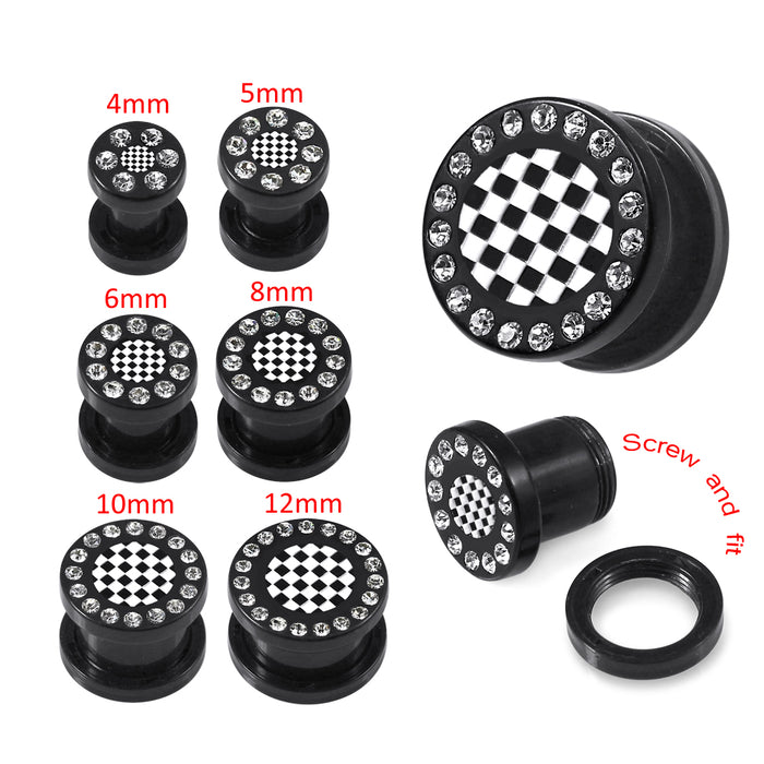 Blackline UV & CZ Jewelled Ear Flesh Tunnel With Chess Board Logo