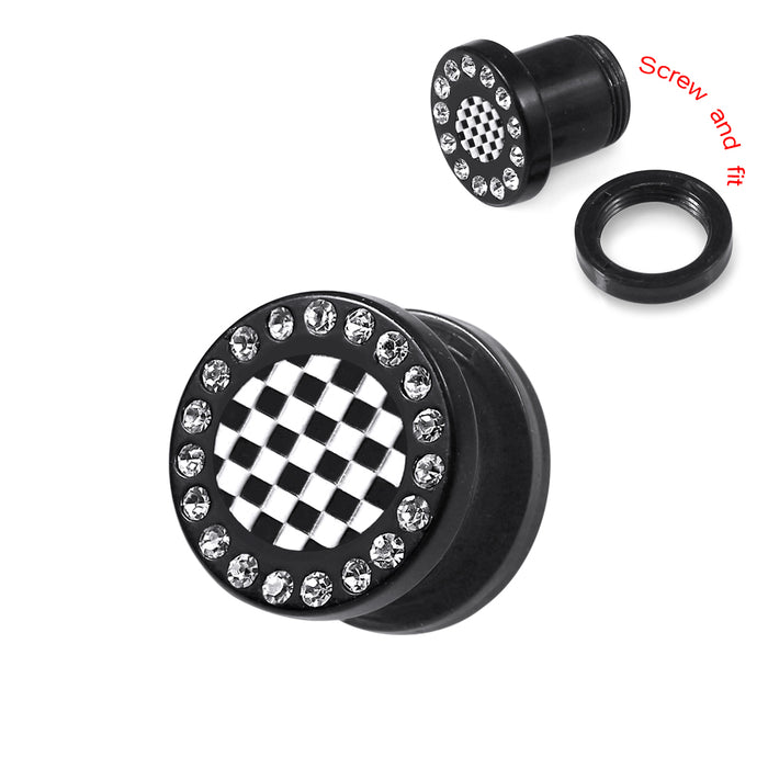 Blackline UV & CZ Jewelled Ear Flesh Tunnel With Chess Board Logo