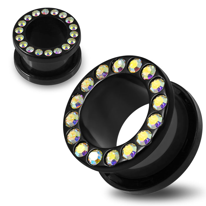 Multi Aurora Borealis Crystal Stone on Black UV Acrylic Ear Flesh Tunnel