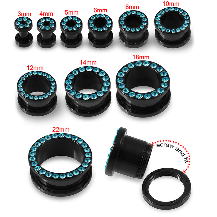 Multi Aqua Marine Crystal Stone on Black UV Acrylic Ear Flesh Tunnel