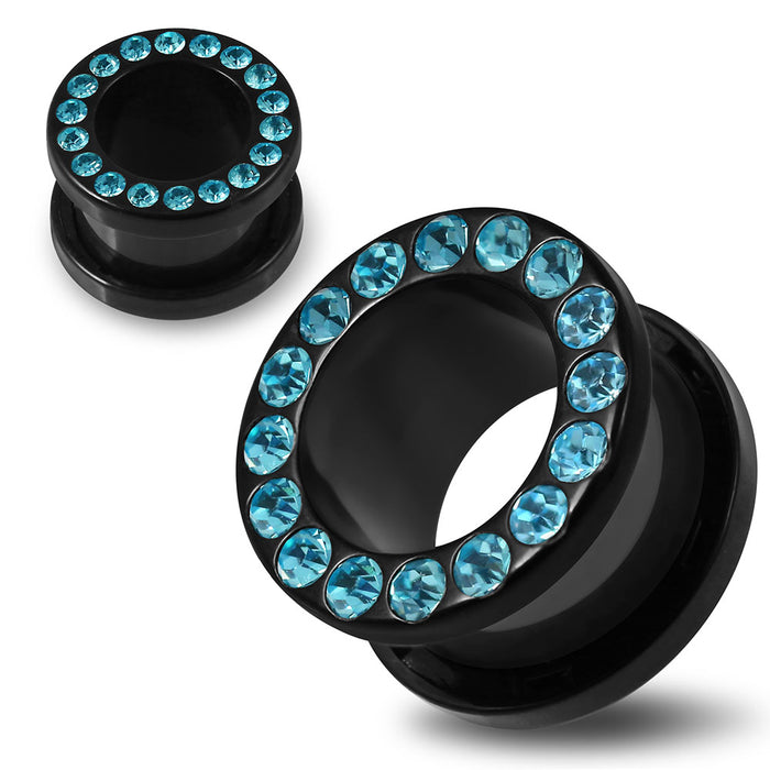 Multi Aqua Marine Crystal Stone on Black UV Acrylic Ear Flesh Tunnel