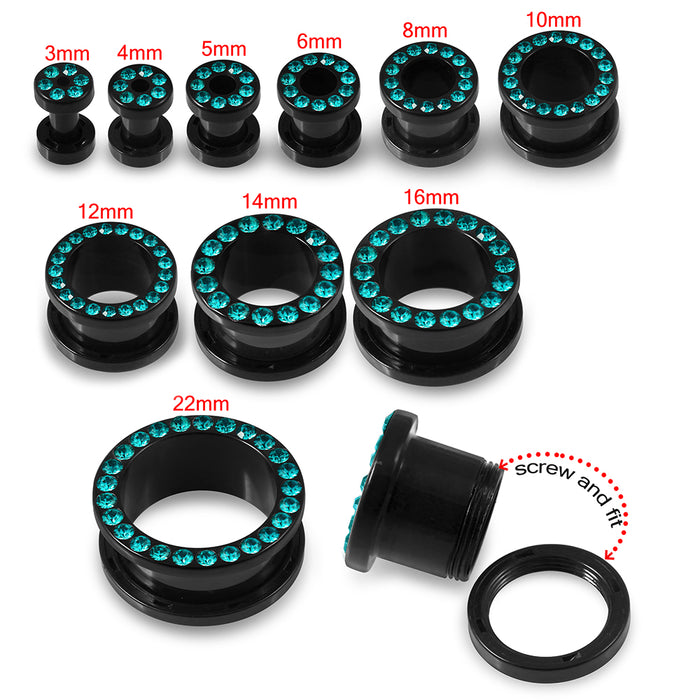 Multi Blue Zircon Crystal Stone on Black UV Acrylic Ear Flesh Tunnel