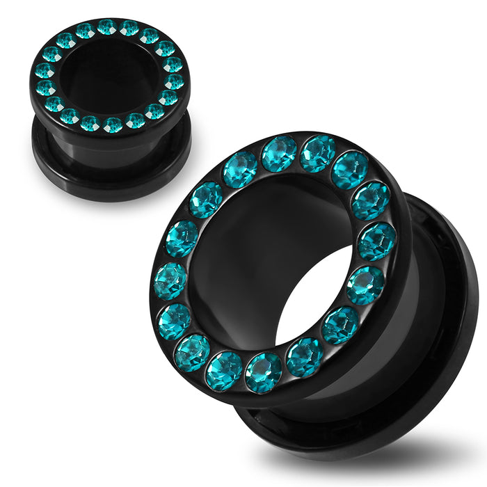 Multi Blue Zircon Crystal Stone on Black UV Acrylic Ear Flesh Tunnel