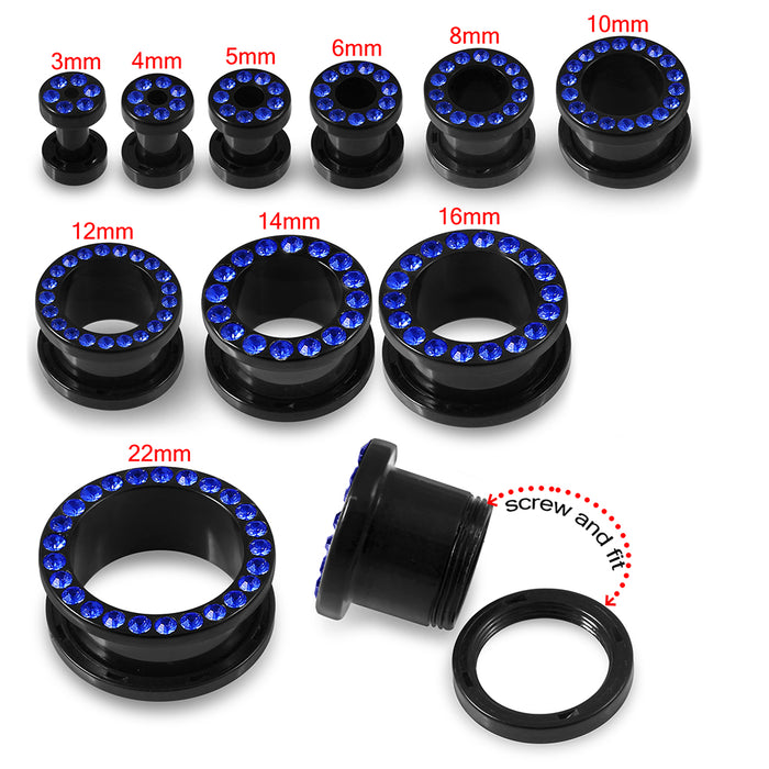 Multi Dark Blue Crystal Stone on Black UV Acrylic Ear Flesh Tunnel