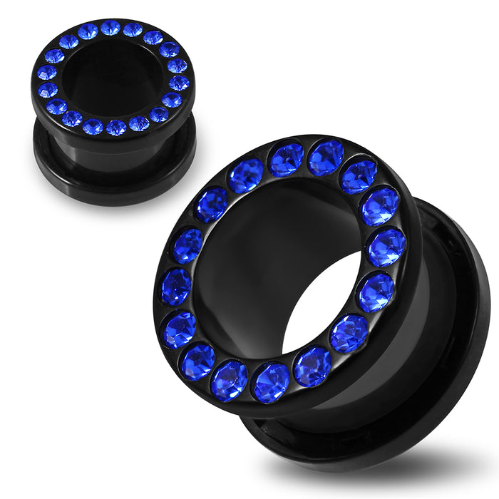 Multi Dark Blue Crystal Stone on Black UV Acrylic Ear Flesh Tunnel