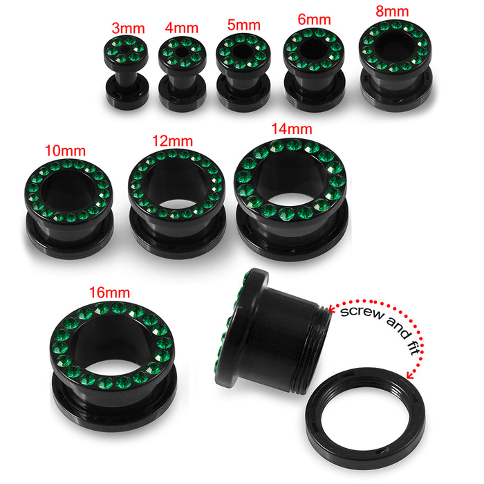 Multi Emerald Green Crystal Stone on Black UV Acrylic Ear Flesh Tunnel