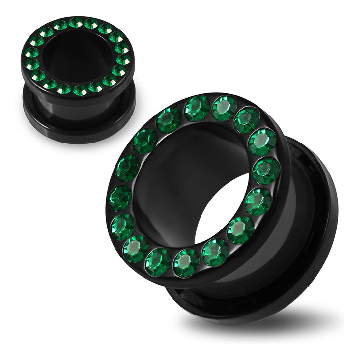 Multi Emerald Green Crystal Stone on Black UV Acrylic Ear Flesh Tunnel