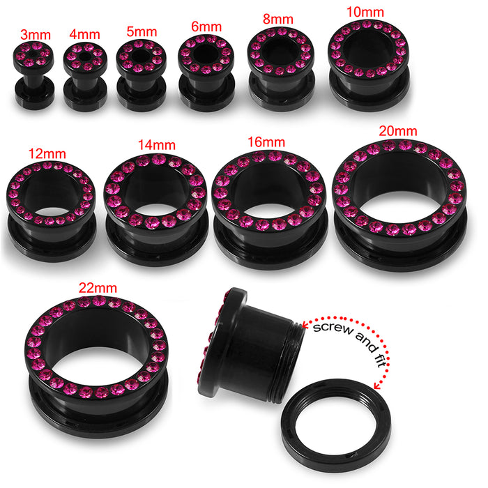 Multi Fuchsia Crystal Stone on Black UV Acrylic Ear Flesh Tunnel