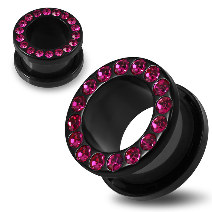 Multi Fuchsia Crystal Stone on Black UV Acrylic Ear Flesh Tunnel