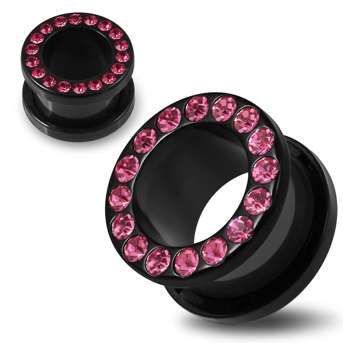 Multi Pink Crystal Stone on Black UV Acrylic Ear Flesh Tunnel