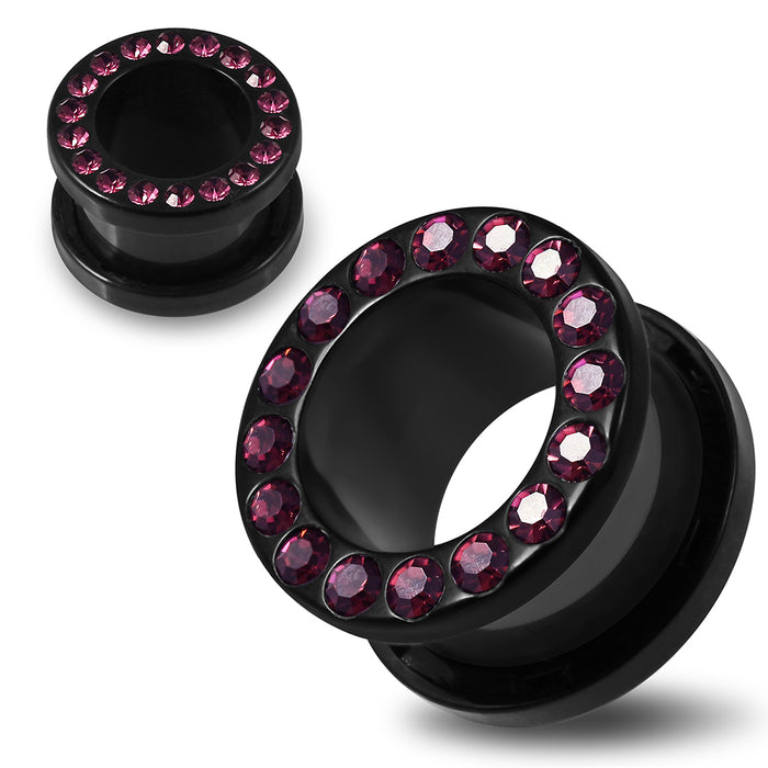 Multi Purple Crystal Stone on Black UV Acrylic Ear Flesh Tunnel