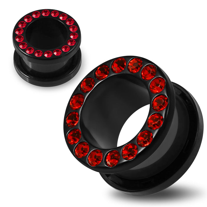 Multi Red Crystal Stone on Black UV Acrylic Ear Flesh Tunnel