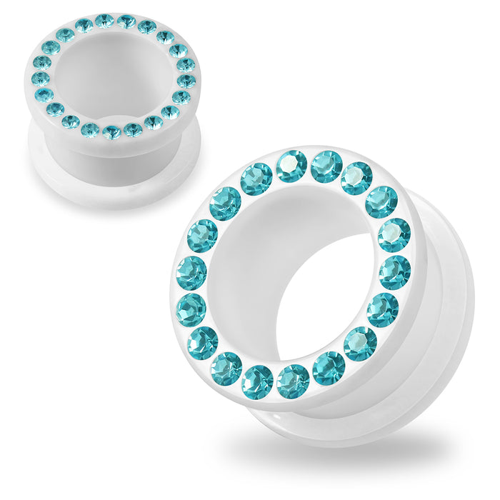 Multi Aqua Marine Crystal Stone on White UV Acrylic Ear Flesh Tunnel