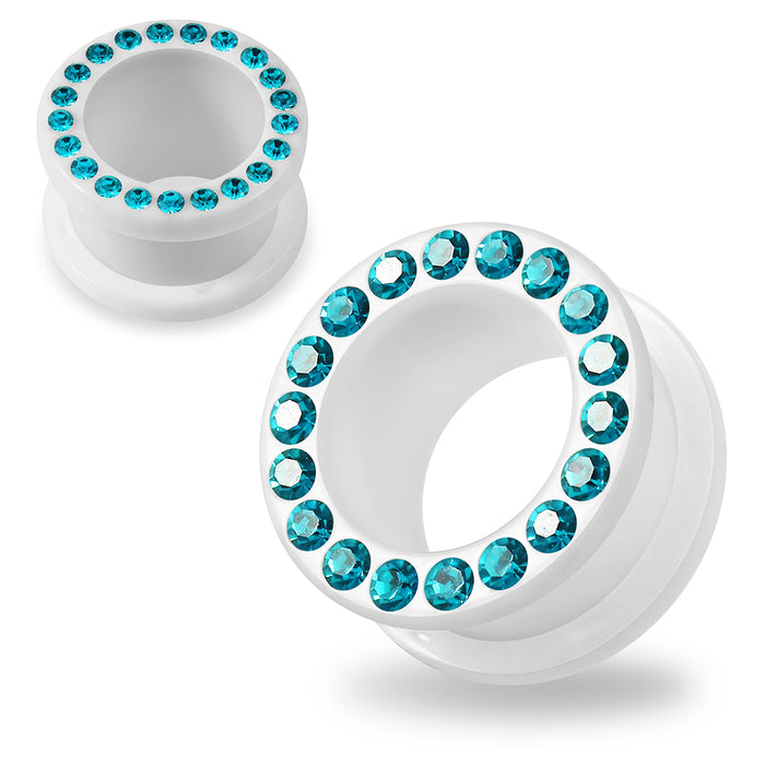 Multi Blue Zircon Crystal Stone on White UV Acrylic Ear Flesh Tunnel